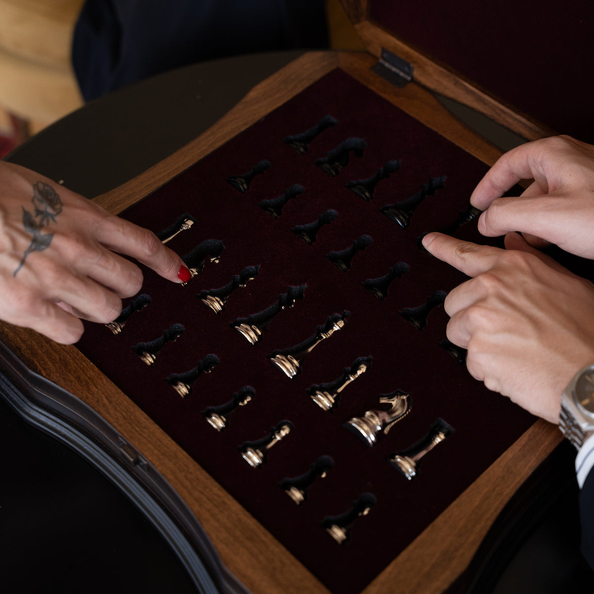 Walnut & Rosewood Inlaid Chess Set with Metal Pieces