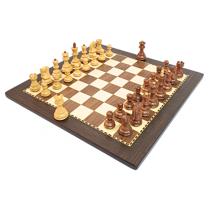 Handcrafted Russian Zagreb Wooden Chess Set on MDF board with brown and cream pieces, ready for play.