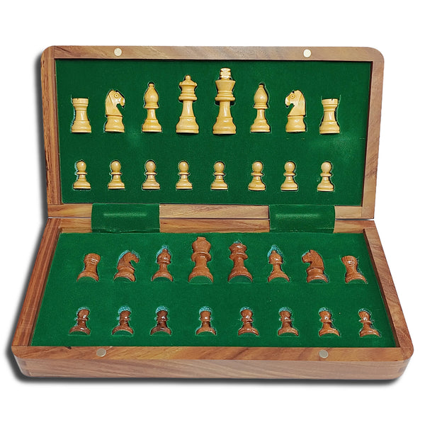 Magnetic Travel Chess Set - 10" & 12" Folding Board in Golden Rosewood & Maple