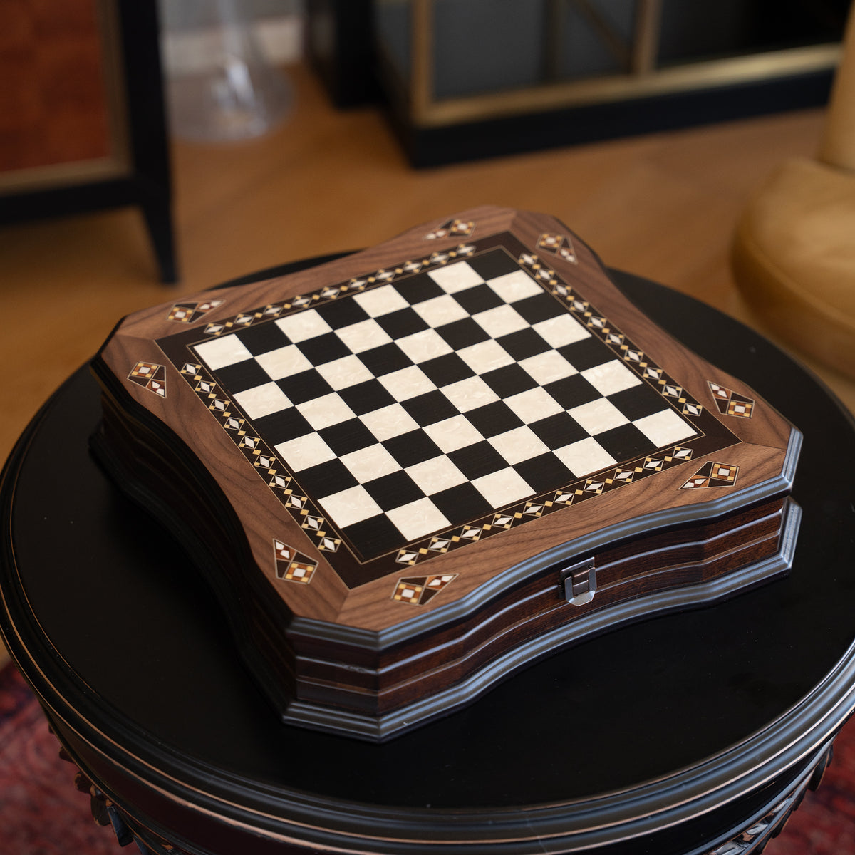 Walnut & Rosewood Inlaid Chess Set with Metal Pieces