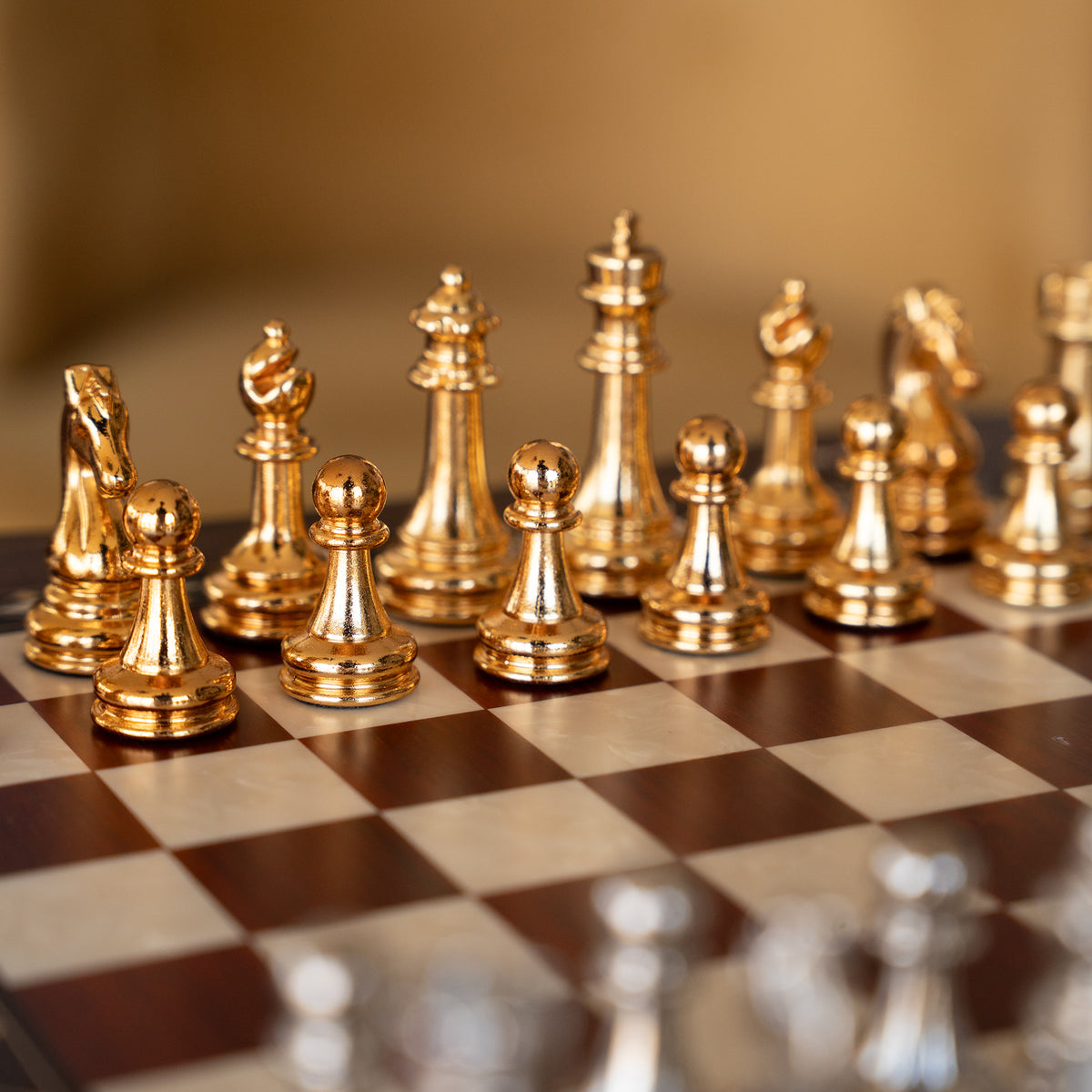 Walnut & Rosewood Inlaid Chess Set with Metal Pieces