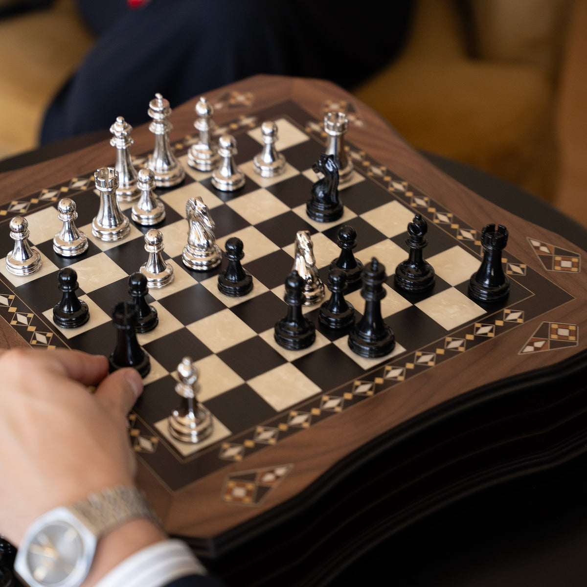 Walnut & Rosewood Inlaid Chess Set with Metal Pieces