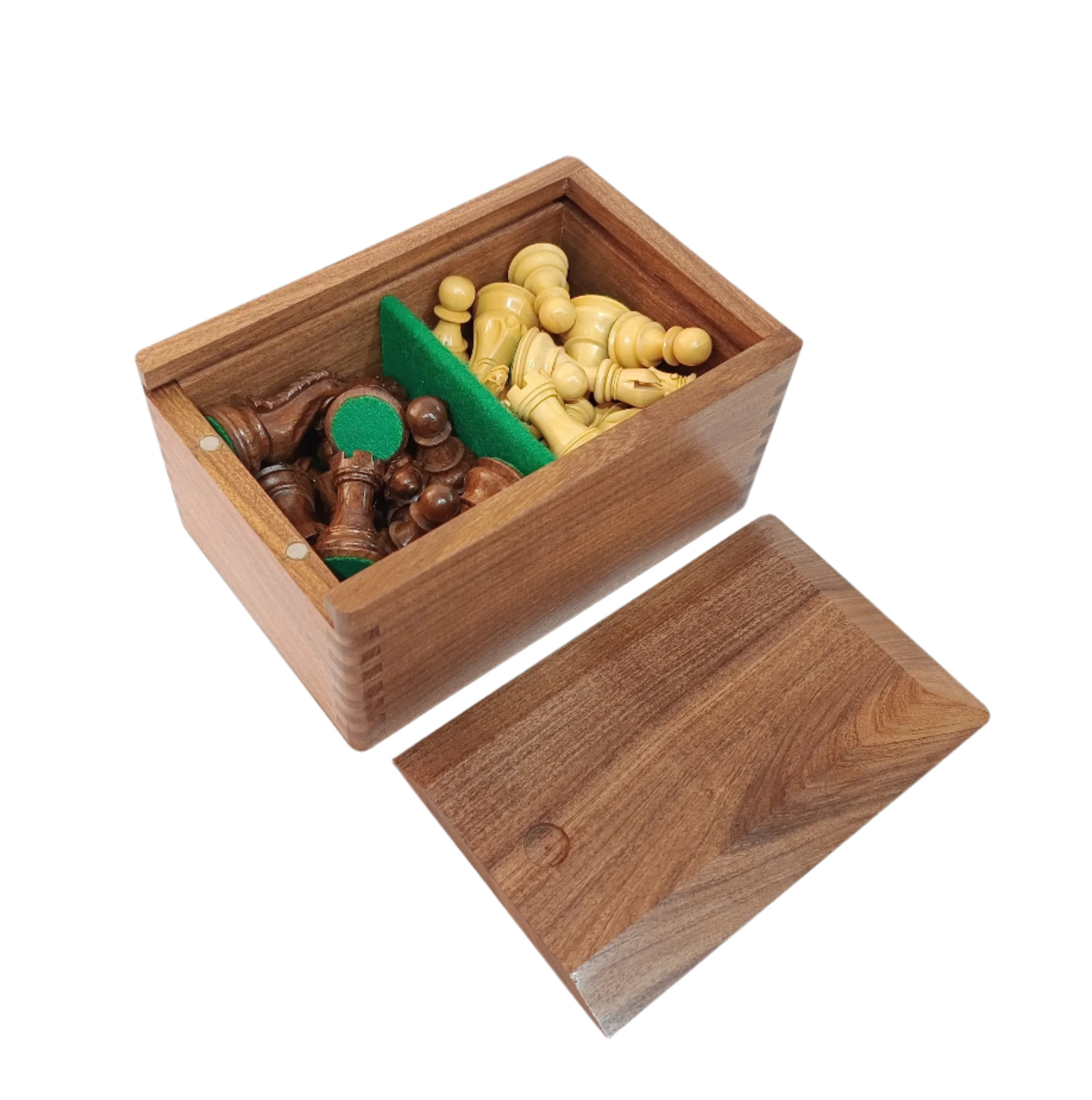 Acacia wood chess storage box with open lid, containing wooden chess pieces and green felt lining.