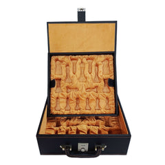 Open leatherette chess storage box with dual trays, showcasing compartments for chess pieces and interior lining.