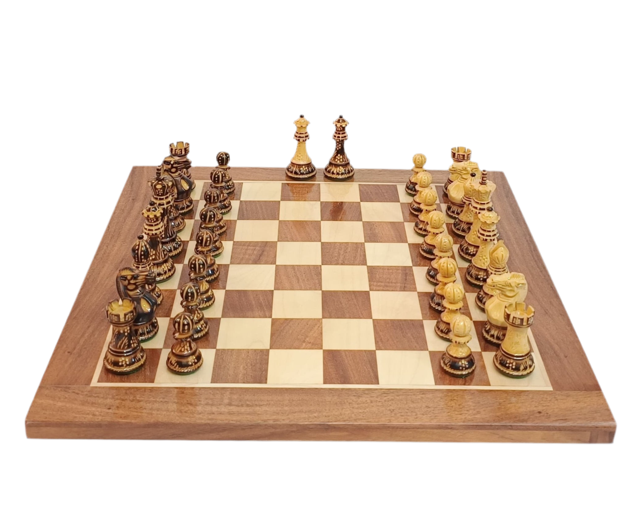 Hand Carved Burnt Staunton Luxury Chess Set on Professional Chess Board with extra queens included.