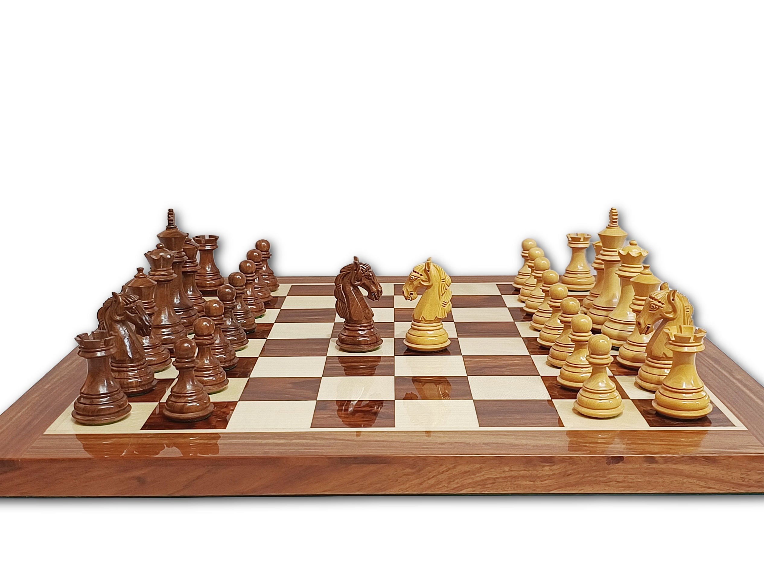 Colombian Staunton professional chess set with boxwood and golden rosewood pieces on a golden rosewood and maple board.