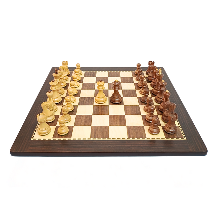 Brown and cream chess pieces arranged on a wooden chessboard in a Russian Zagreb style design.