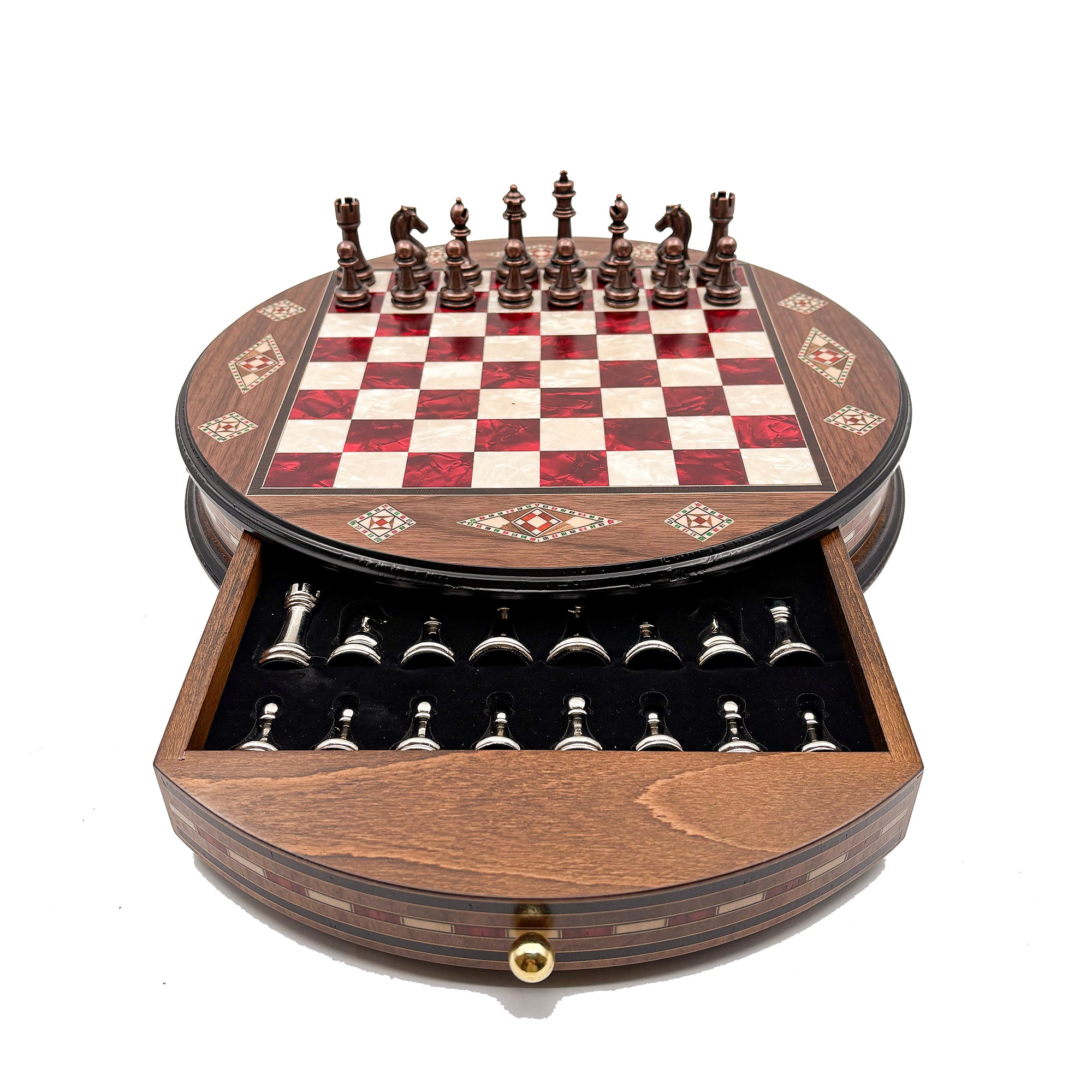Luxury Round Rosewood & Walnut Chess Set With Metal Pieces My Chess Sets