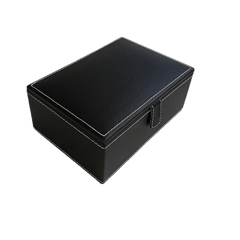 Black leatherette luxurious chess storage box with a sleek design and white stitching, angled view.