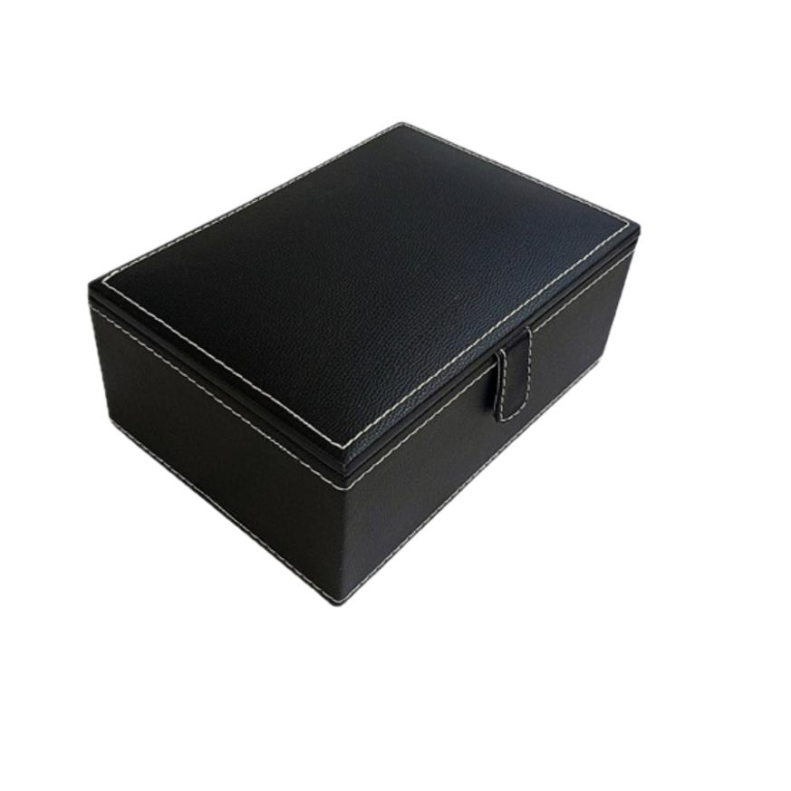 Black leatherette luxurious chess storage box with a sleek design and white stitching, angled view.