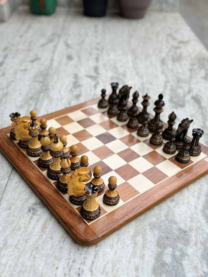 Alexandria Luxury Staunton Burnt Carved Chess Set- Chess Pieces Only - Triple Weighted - Lacquered Boxwood