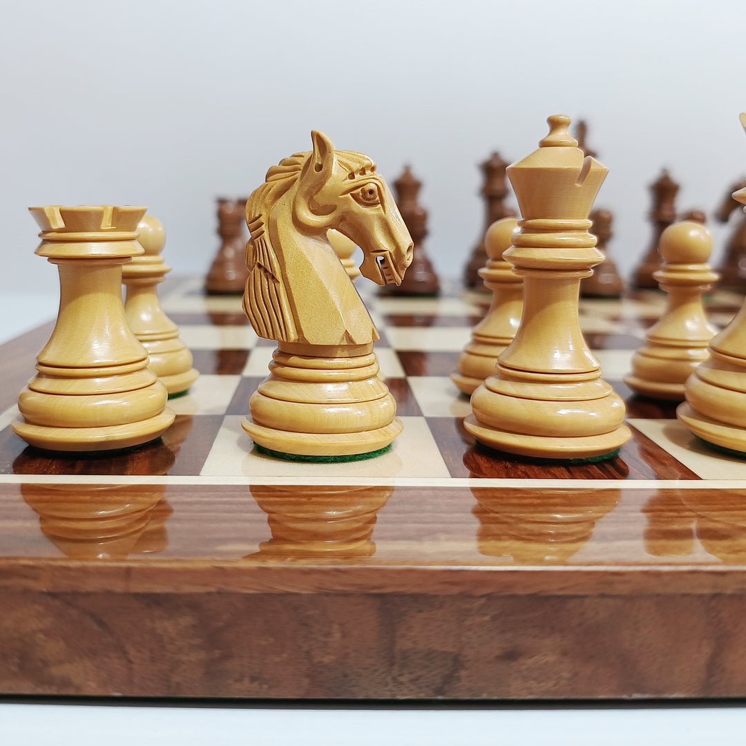 Colombian Staunton Professional Chess Set - 3.85″ King - Boxwood & Golden Rosewood with Golden Rosewood Board