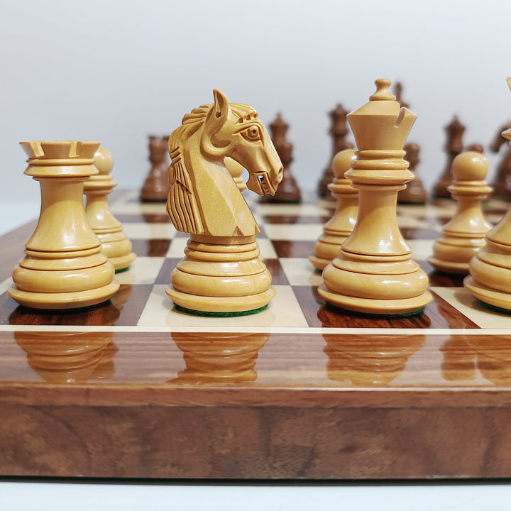 Colombian Staunton Professional Chess Set - 3.85″ King - Boxwood & Golden Rosewood with Golden Rosewood Board