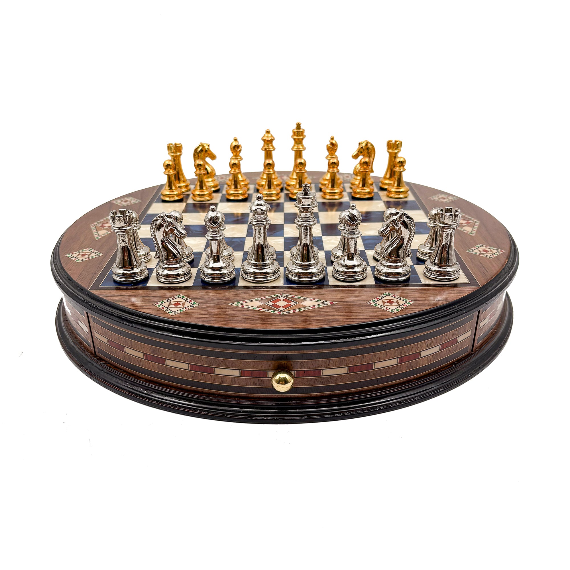 Luxury Round Rosewood & Walnut Chess Set With Metal Pieces My Chess Sets