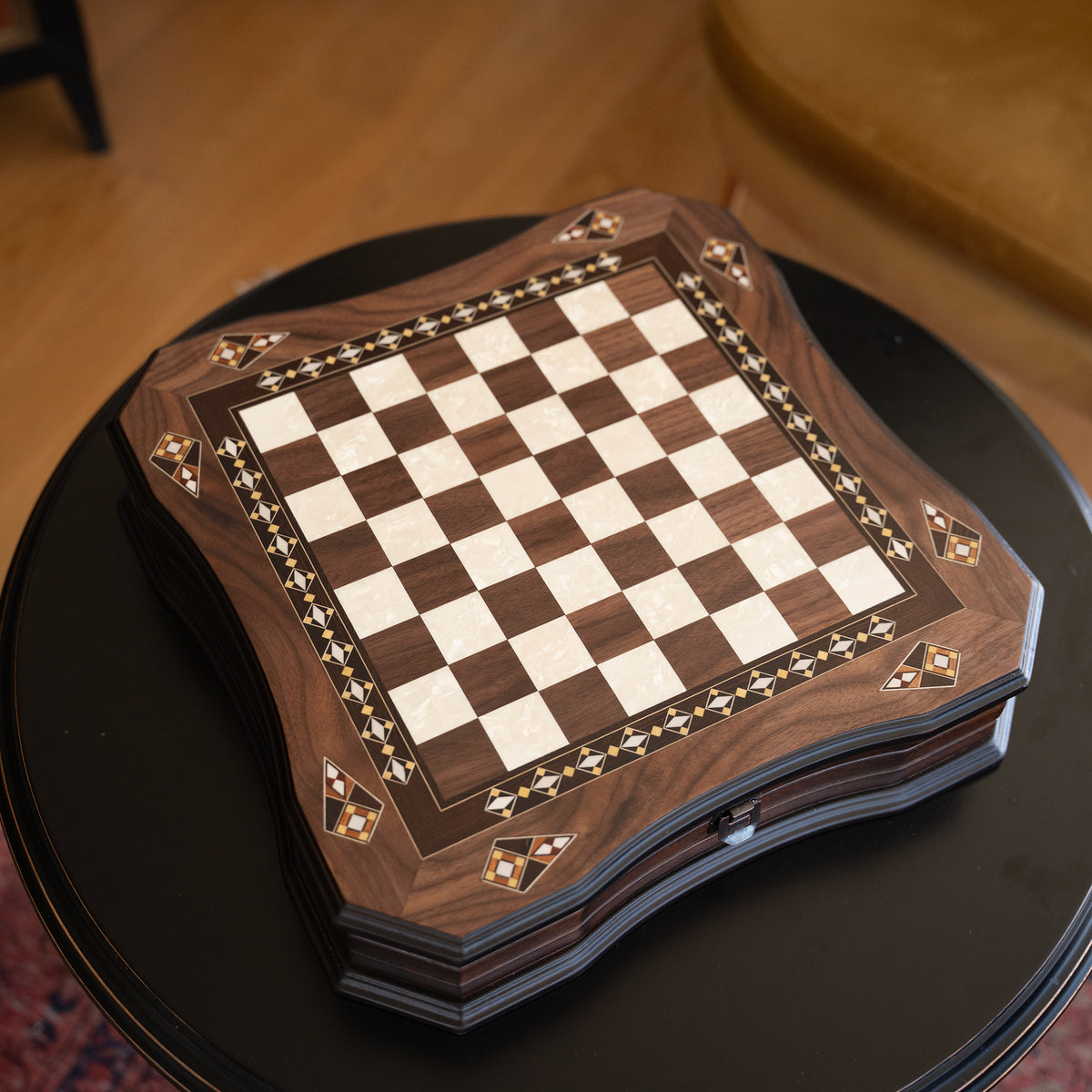 Walnut & Rosewood Inlaid Chess Set with Metal Pieces