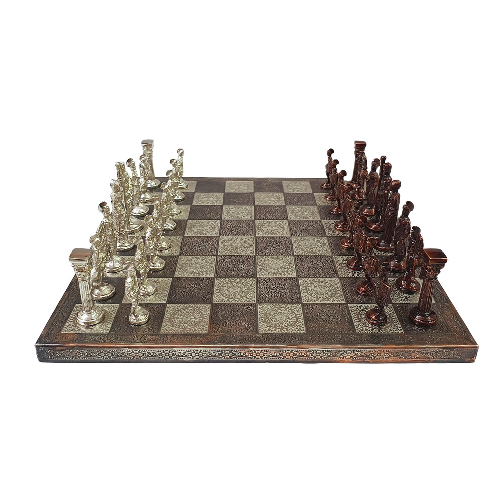 Roman soldiers chess pieces in silver and brown on a textured 14 x 14 inch board with leatherette storage.