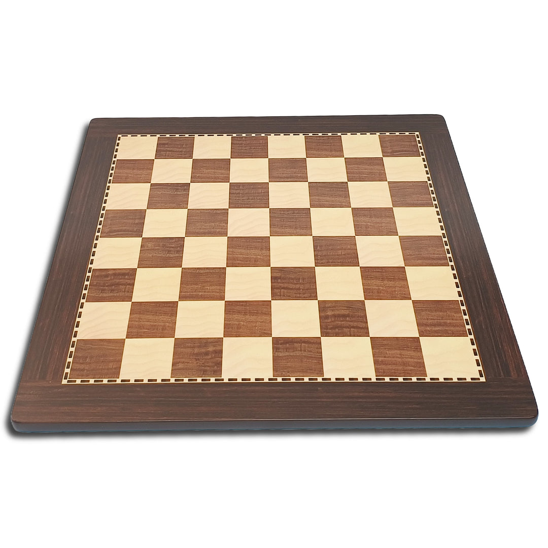 Hand crafted wooden chess board with alternating dark and light squares in Acacia and Boxwood finish.