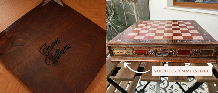 Wooden chess board featuring personalized engraving with the name 'James Williams', displayed on a table.
