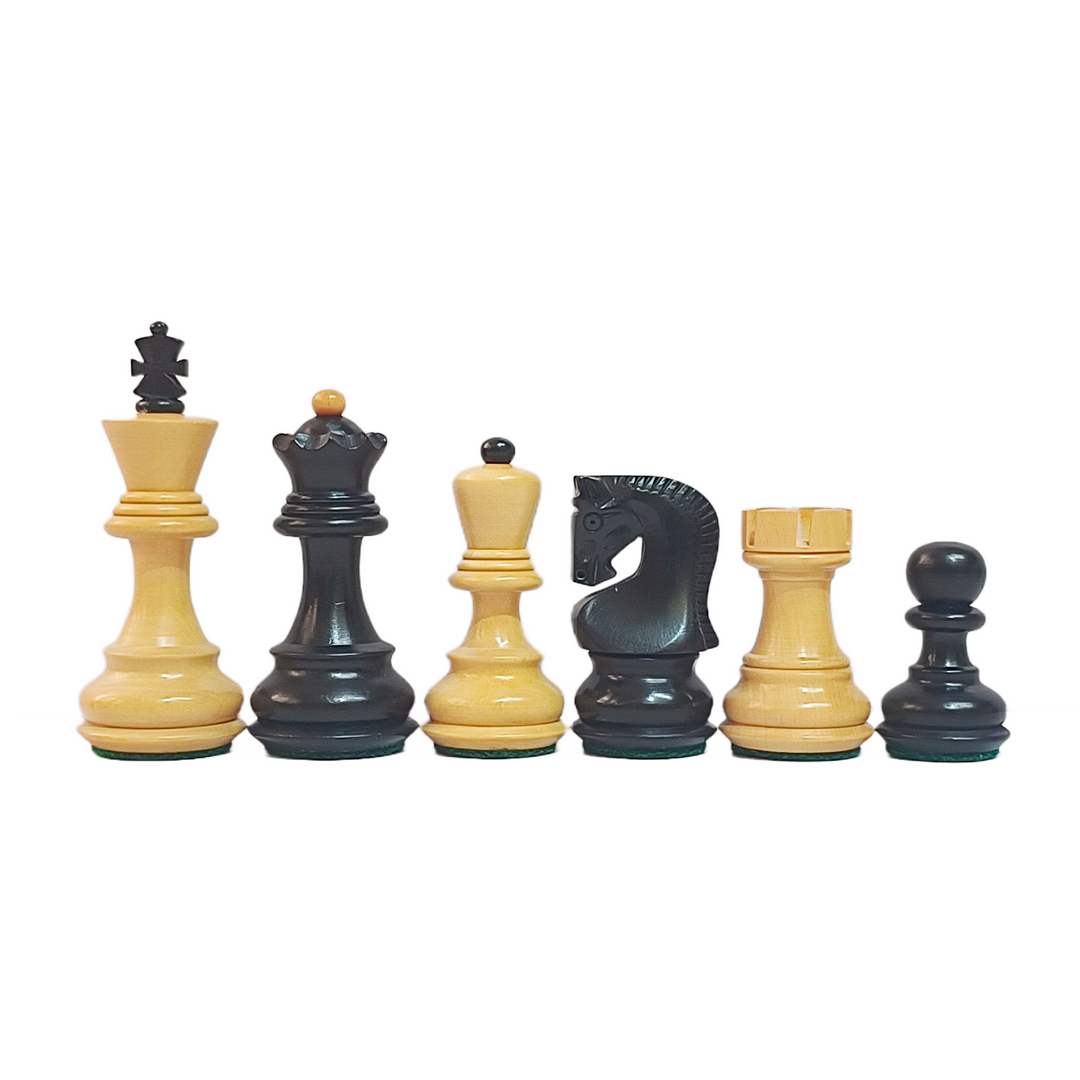 Russian Zagreb chess pieces in ebonized wood, featuring king, queen, knight, rook, and pawn, sizes 3-3.25 inches.