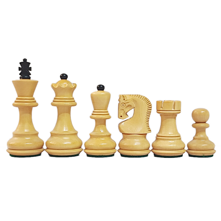 Ebonized wood Russian Zagreb chess pieces featuring king, queen, rook, knight, bishop, and pawn in natural finish.