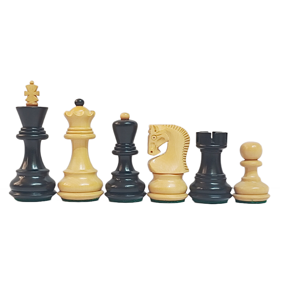 Set of black and beige chess pieces on a white background