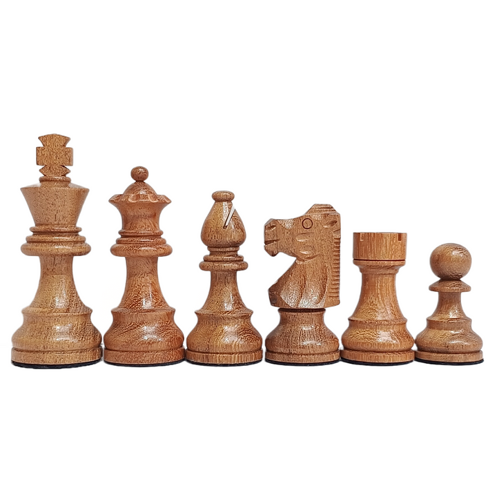 French design wooden Staunton chess pieces, including king, queen, bishop, knight, rook, and pawn.