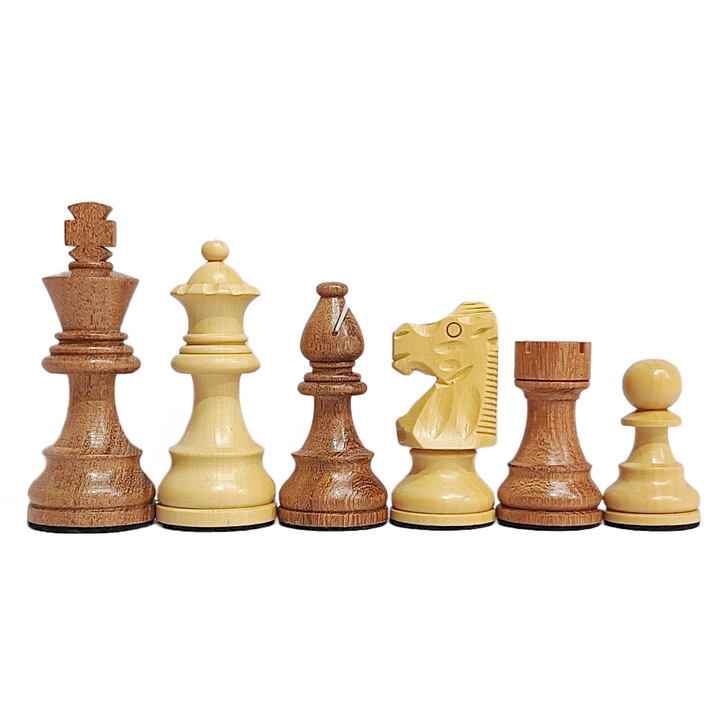 French design wooden Staunton chess pieces showcasing king, queen, bishop, knight, rook, and pawn in light and dark wood.