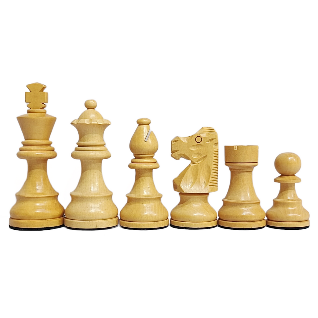 French design wooden Staunton chess pieces featuring king, queen, bishop, knight, rook, and pawn.