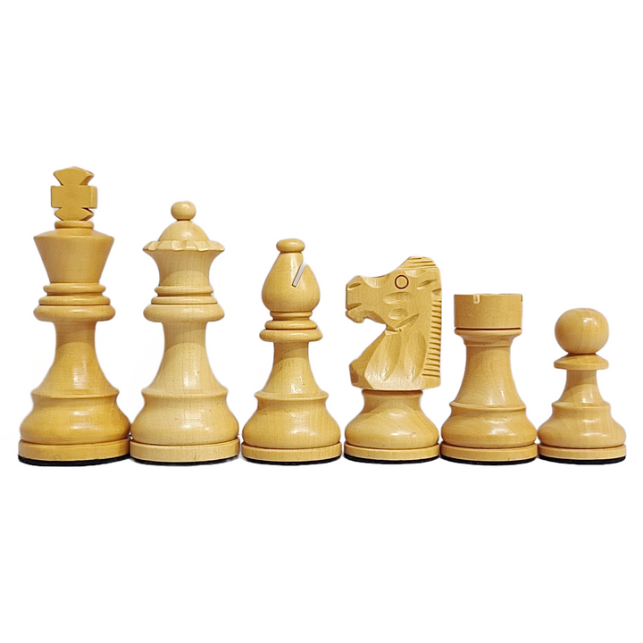 French design wooden Staunton chess pieces featuring king, queen, bishop, knight, rook, and pawn.