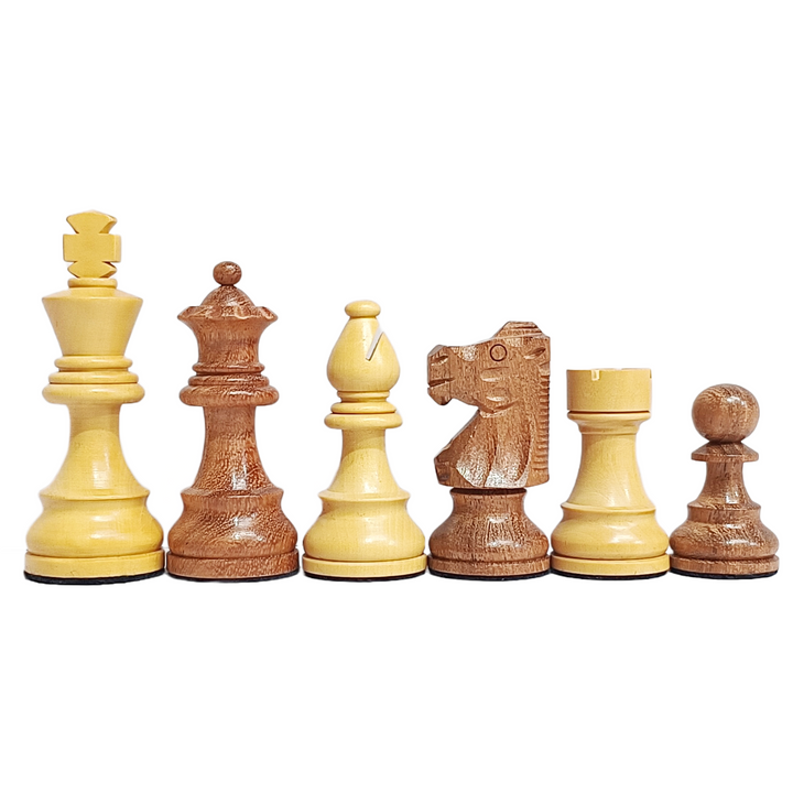 Wooden French Design Staunton chess pieces in light and dark wood, showcasing a king, queen, bishop, knight, rook, and pawn.