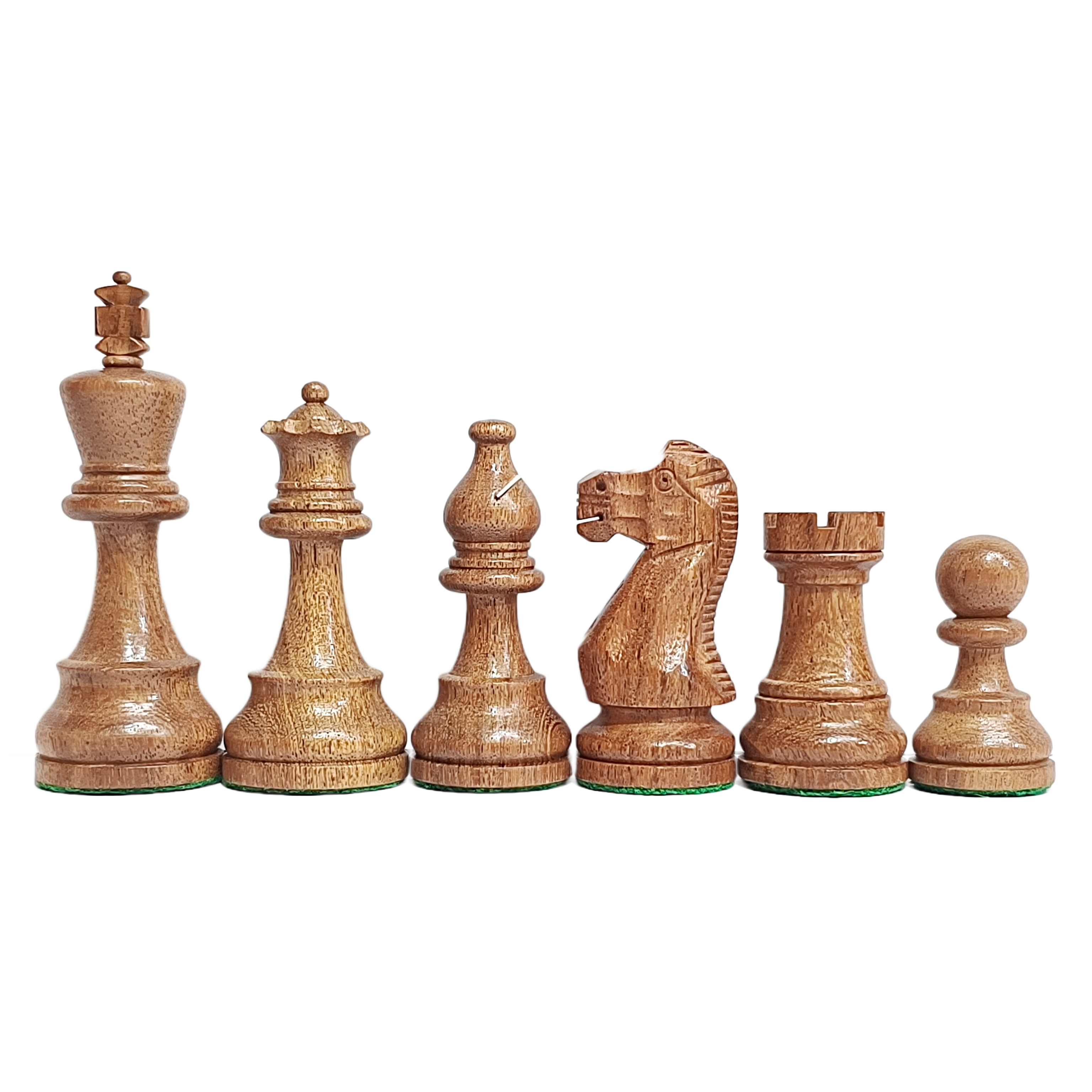 American Design Staunton chess pieces in acacia wood, featuring king, queen, bishop, knight, rook, and pawn.