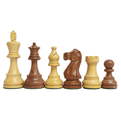 American Design Staunton tournament chess pieces in acacia and boxwood, featuring a king, queen, bishop, knight, rook, and pawn.