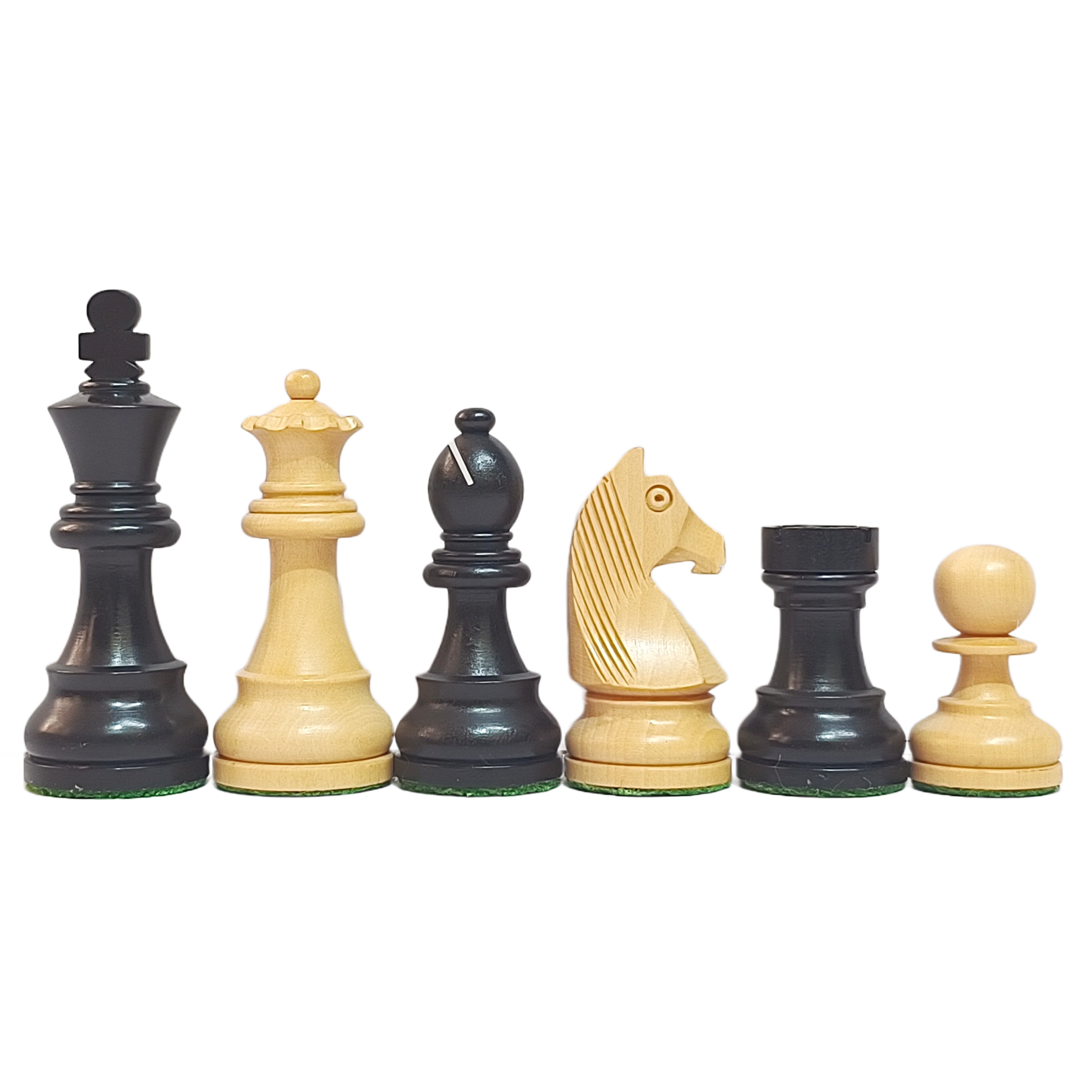Classic Staunton chess pieces set in ebonized and natural boxwood, showcasing king, queen, knight, rook, bishop, and pawn.