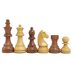 Classic wooden Staunton chess pieces in brown and cream, showcasing king, queen, bishop, knight, rook, and pawn.