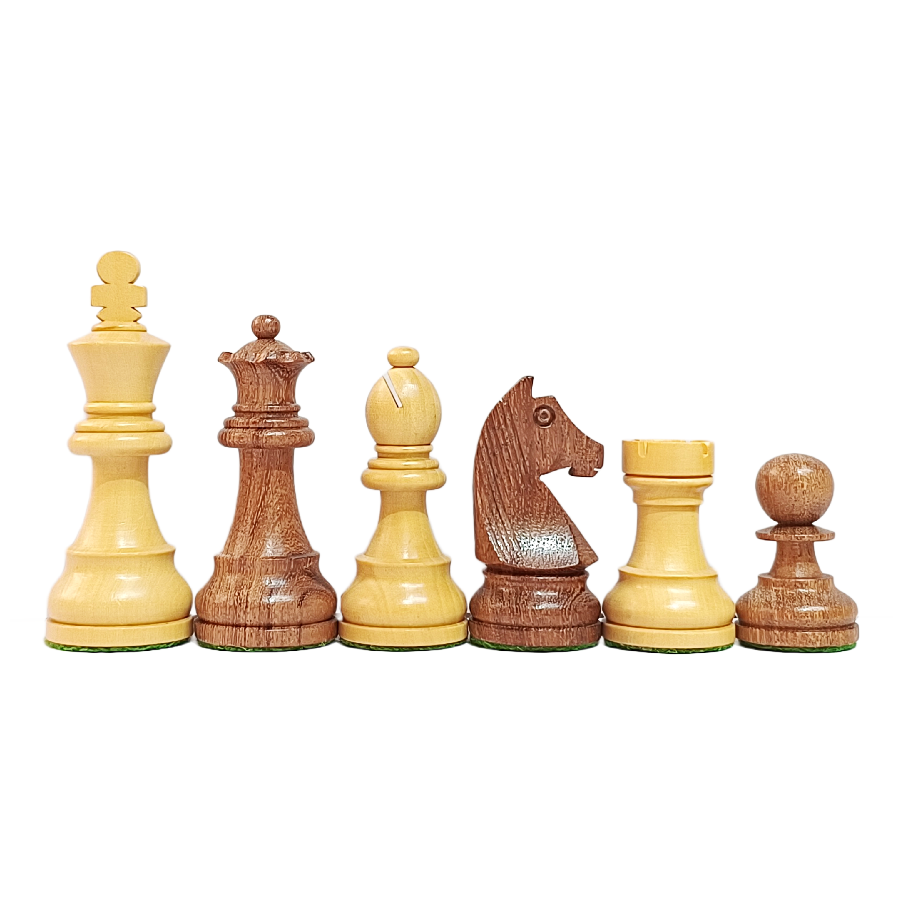 Classic tournament wooden Staunton chess pieces in acacia and boxwood, showcasing king, queen, bishop, knight, rook, and pawn.
