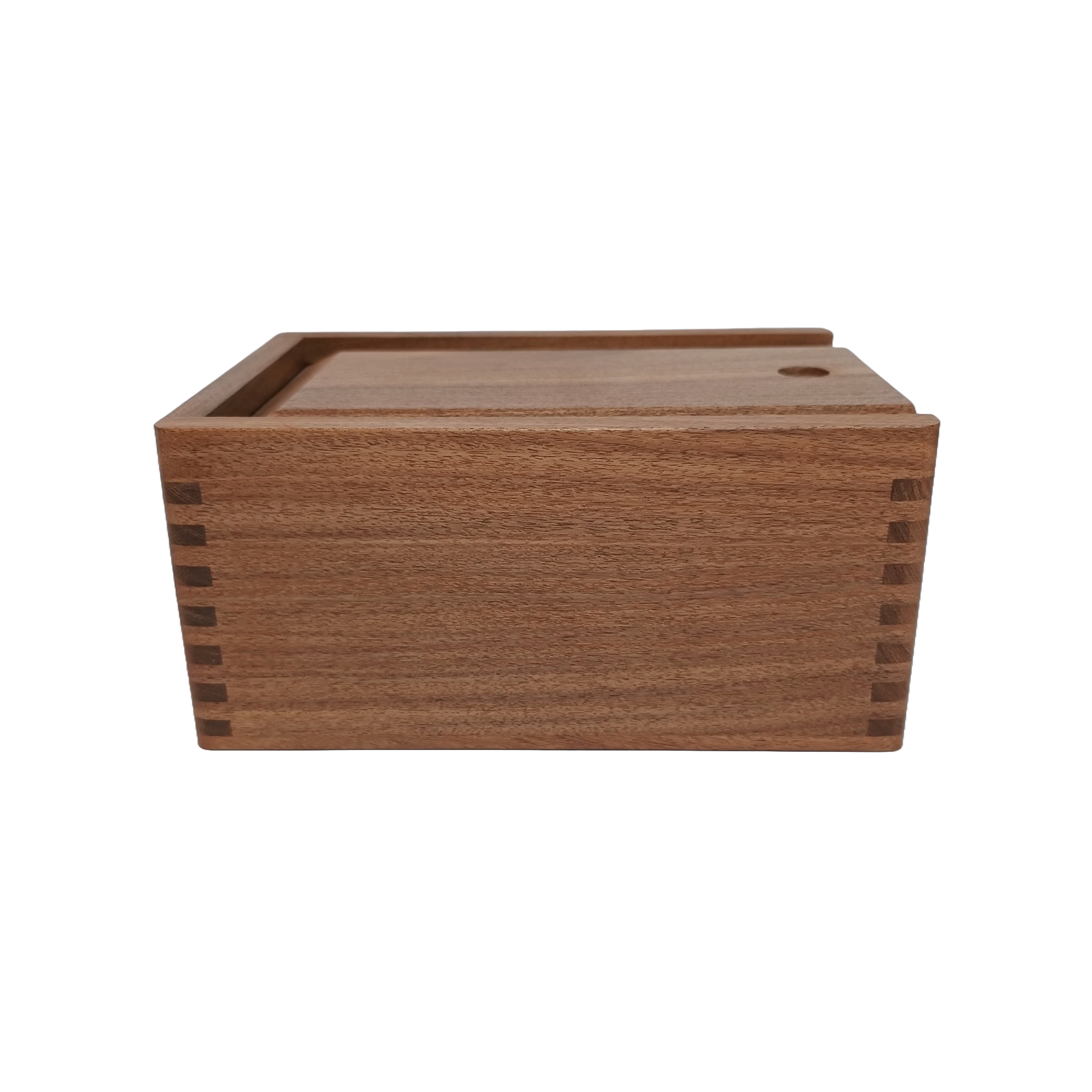 Side view of an acacia wood chess storage box with a smooth finish and decorative finger joints.