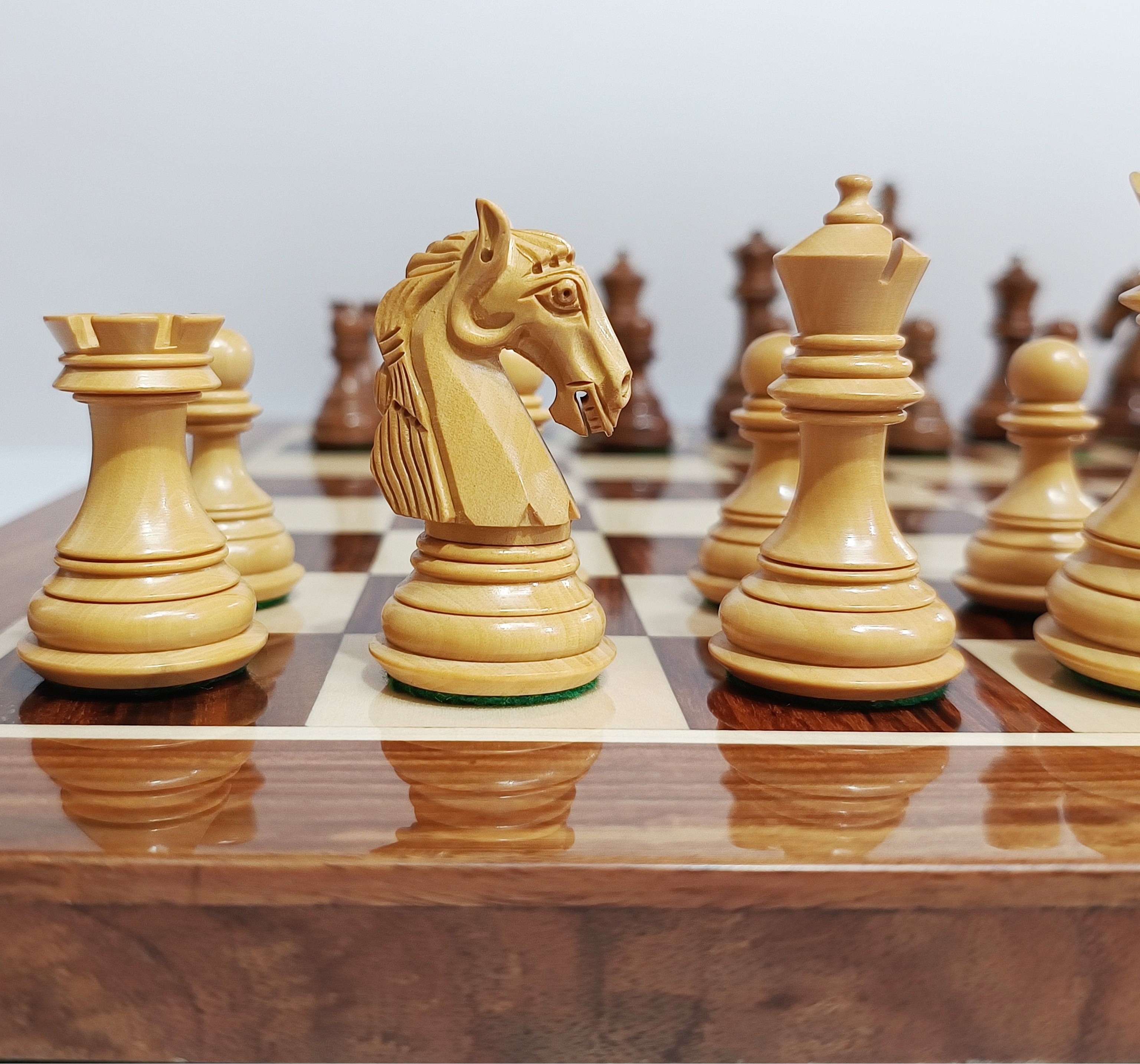 3.85” Professional Colombian Style Staunton Chess Set - Boxwood & Golden Rosewood with Golden Rosewood Board - My Chess Sets