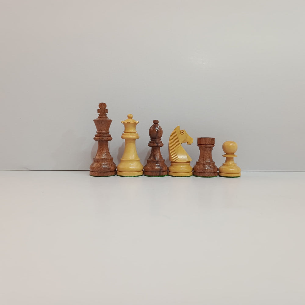 Set of Classic Tournament Wooden Staunton Chess Pieces, featuring various pieces in contrasting colors, 3-3.25 inches in size.