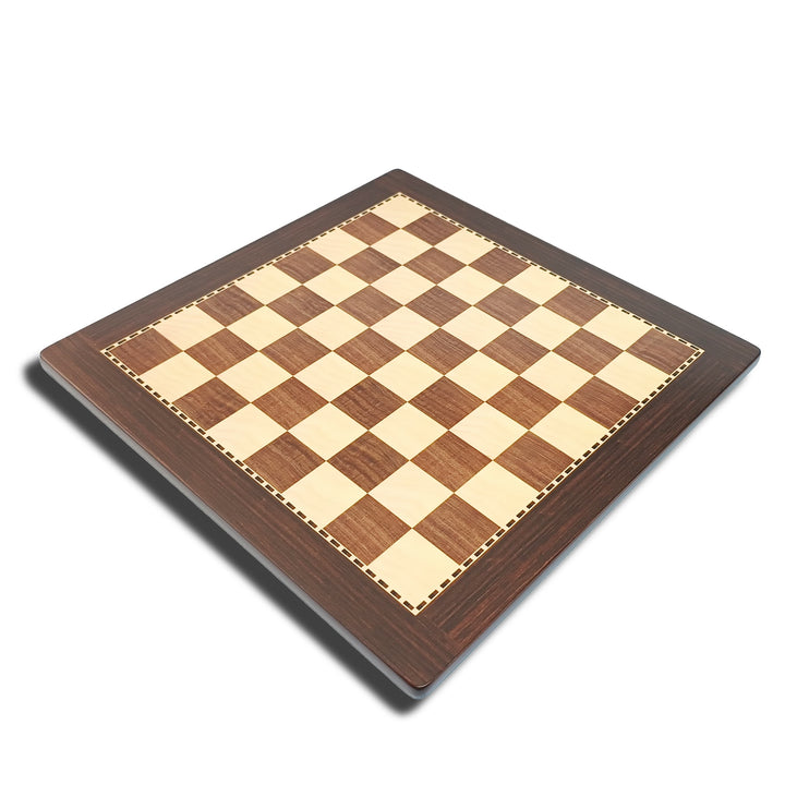 Handcrafted professional wooden chess board with brown and cream squares, featuring elegant wood-grain finish.
