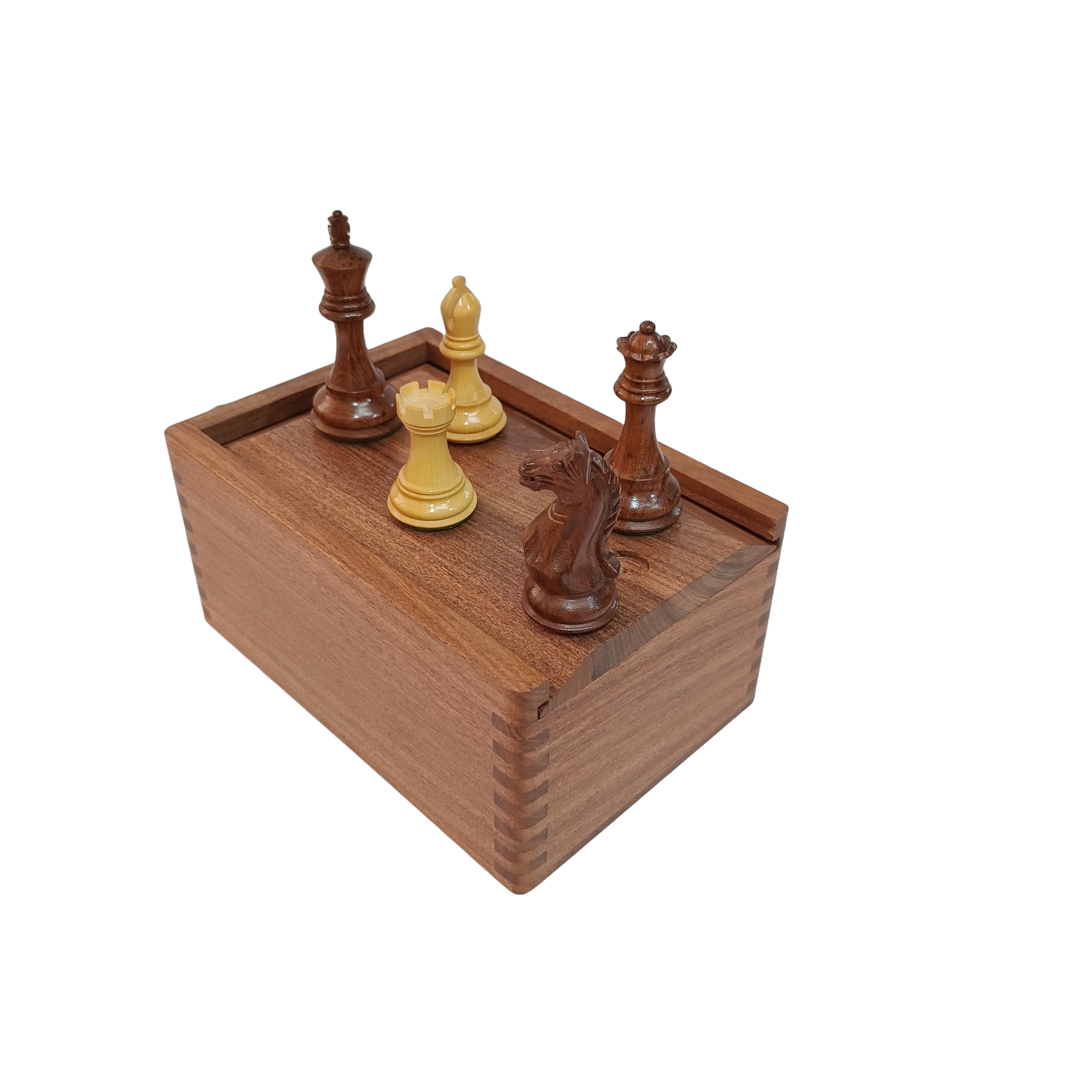 Acacia wood chess storage box with several chess pieces on top, showcasing a luxurious and elegant design.