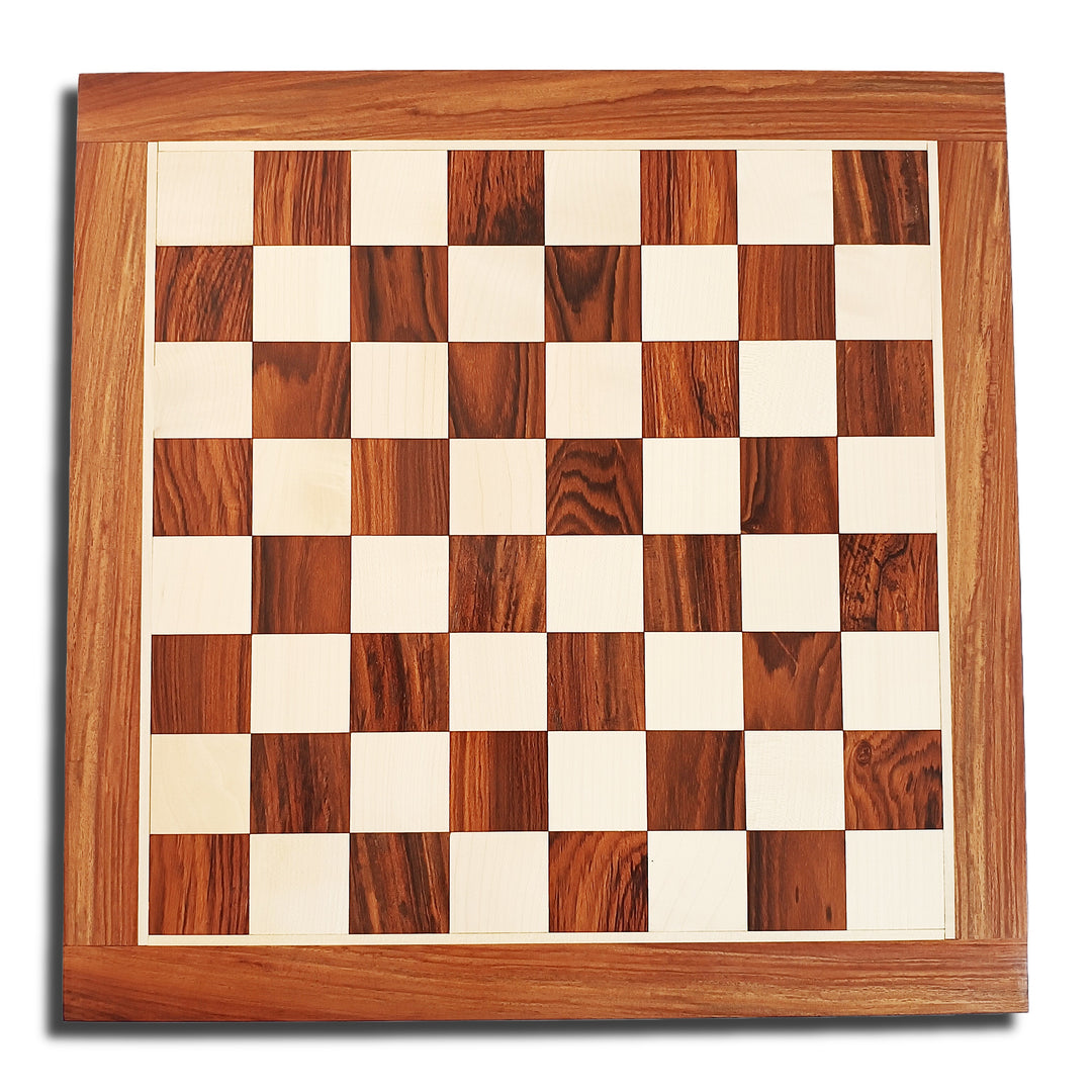 Handcrafted luxurious wooden chess board in golden rosewood and maplewood, perfect for classic Staunton chess pieces.