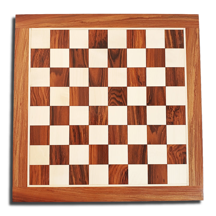 Handcrafted luxurious wooden chess board in golden rosewood and maplewood, perfect for classic Staunton chess pieces.