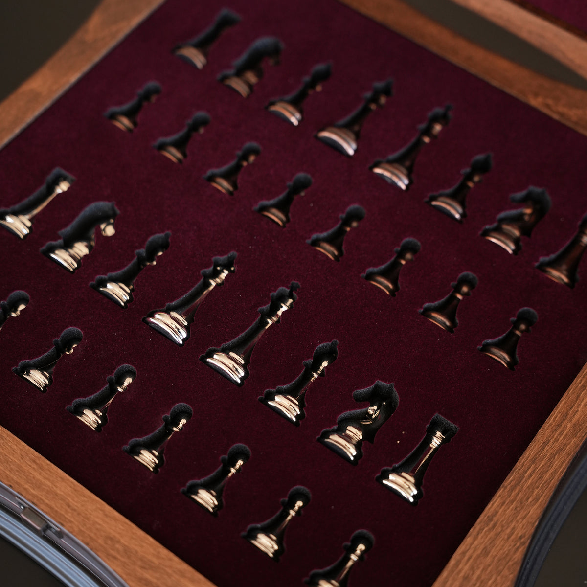 Walnut & Rosewood Inlaid Chess Set with Metal Pieces