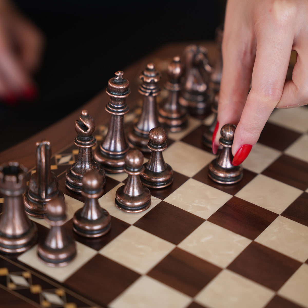 Walnut & Rosewood Inlaid Chess Set with Metal Pieces