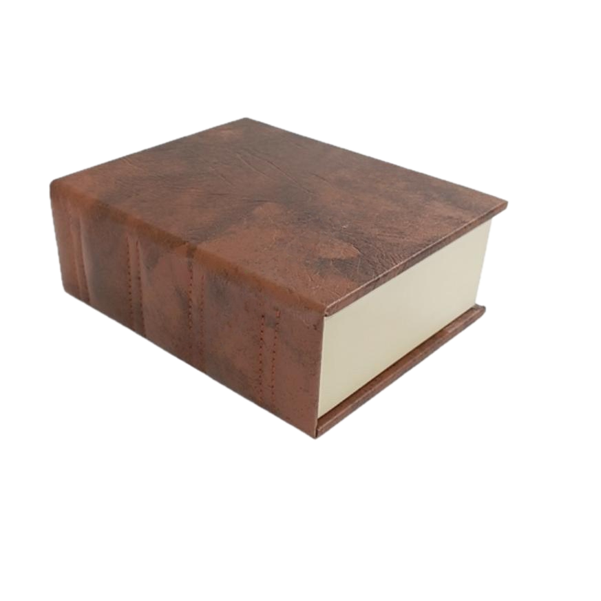 Leatherette storage chess box in book design, brown texture, measuring 10 x 8.5 x 3.75 inches.