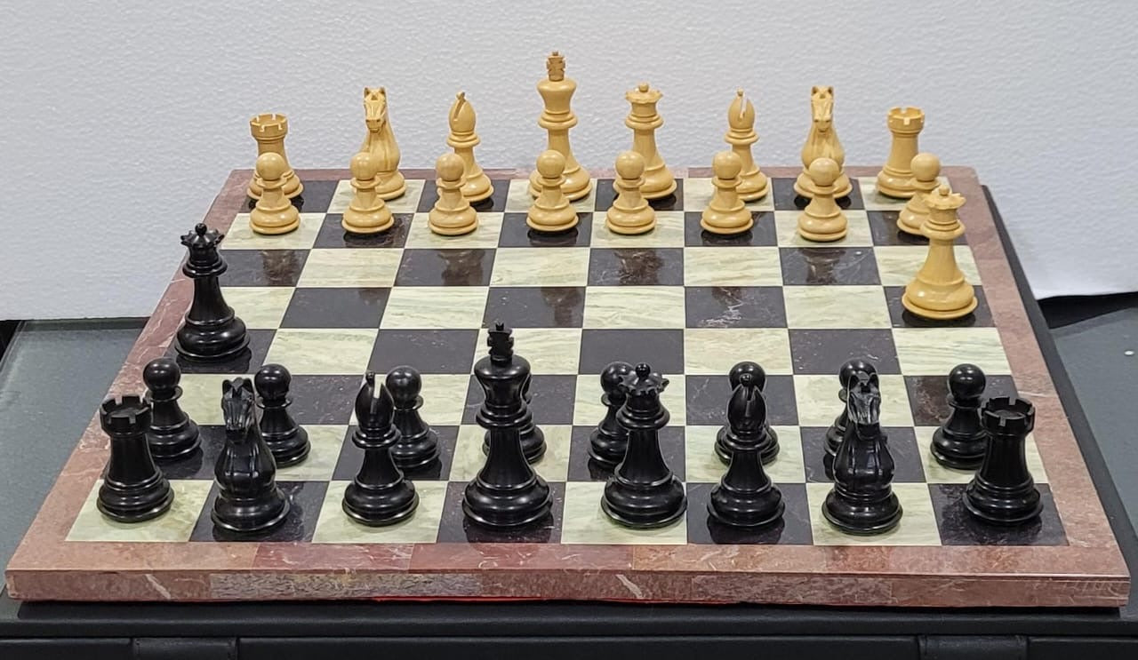 Anjan and Ebony Royal Chessmen Set With Marble Chess Board - My Chess Sets