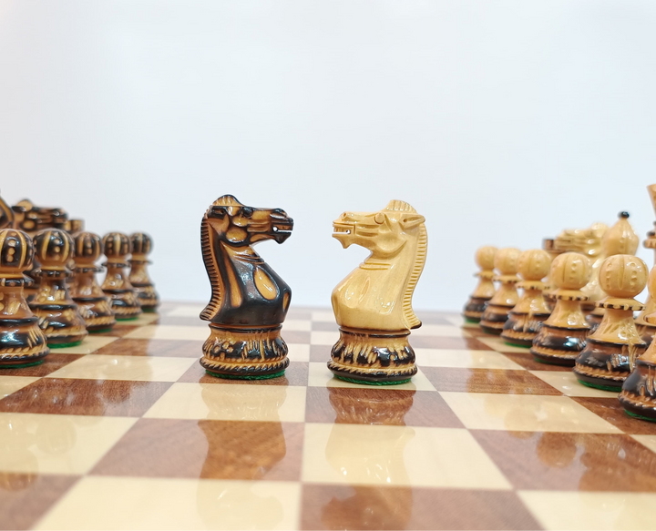 Hand Carved Burnt Staunton Luxury Chess Set With Professional Chess Board