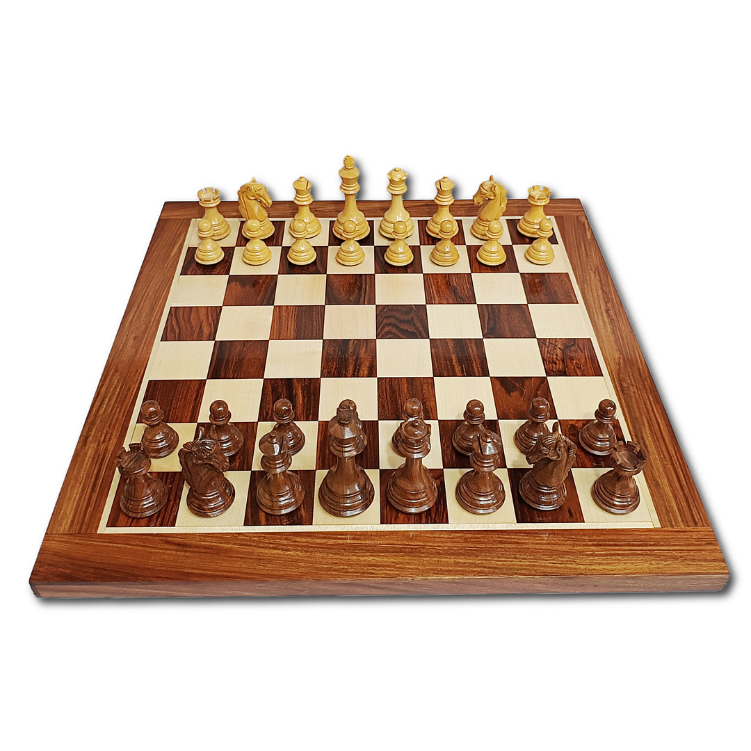 Colombian Staunton Professional Chess Set - 3.85″ King - Boxwood & Golden Rosewood with Golden Rosewood Board