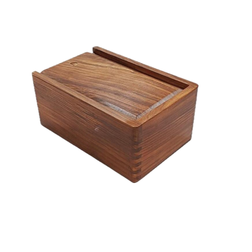 Acacia wood luxurious chess storage box, dimensions 9x6x4 inches, elegantly designed with a smooth finish and sliding lid.