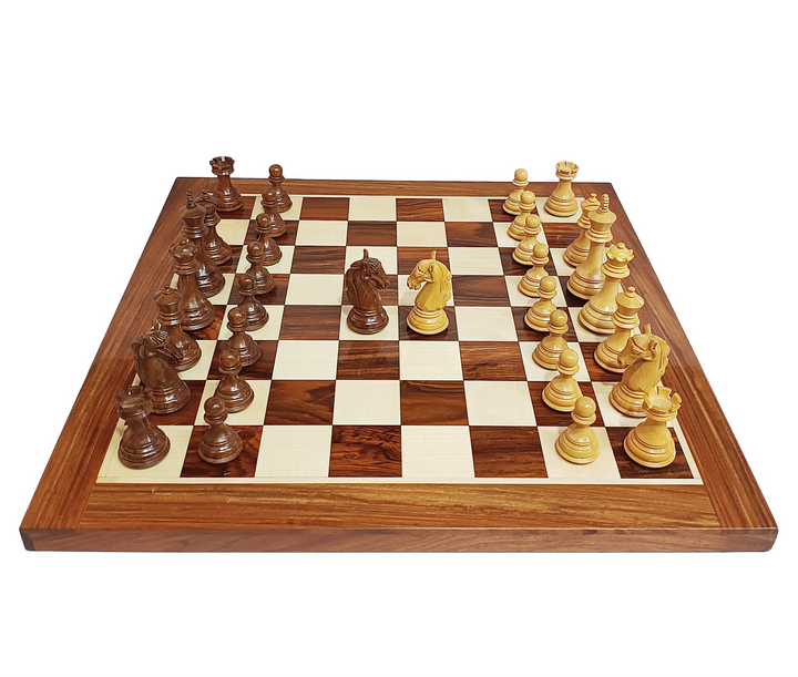 Colombian Staunton Professional Chess Set - 3.85″ King - Boxwood & Golden Rosewood with Golden Rosewood Board